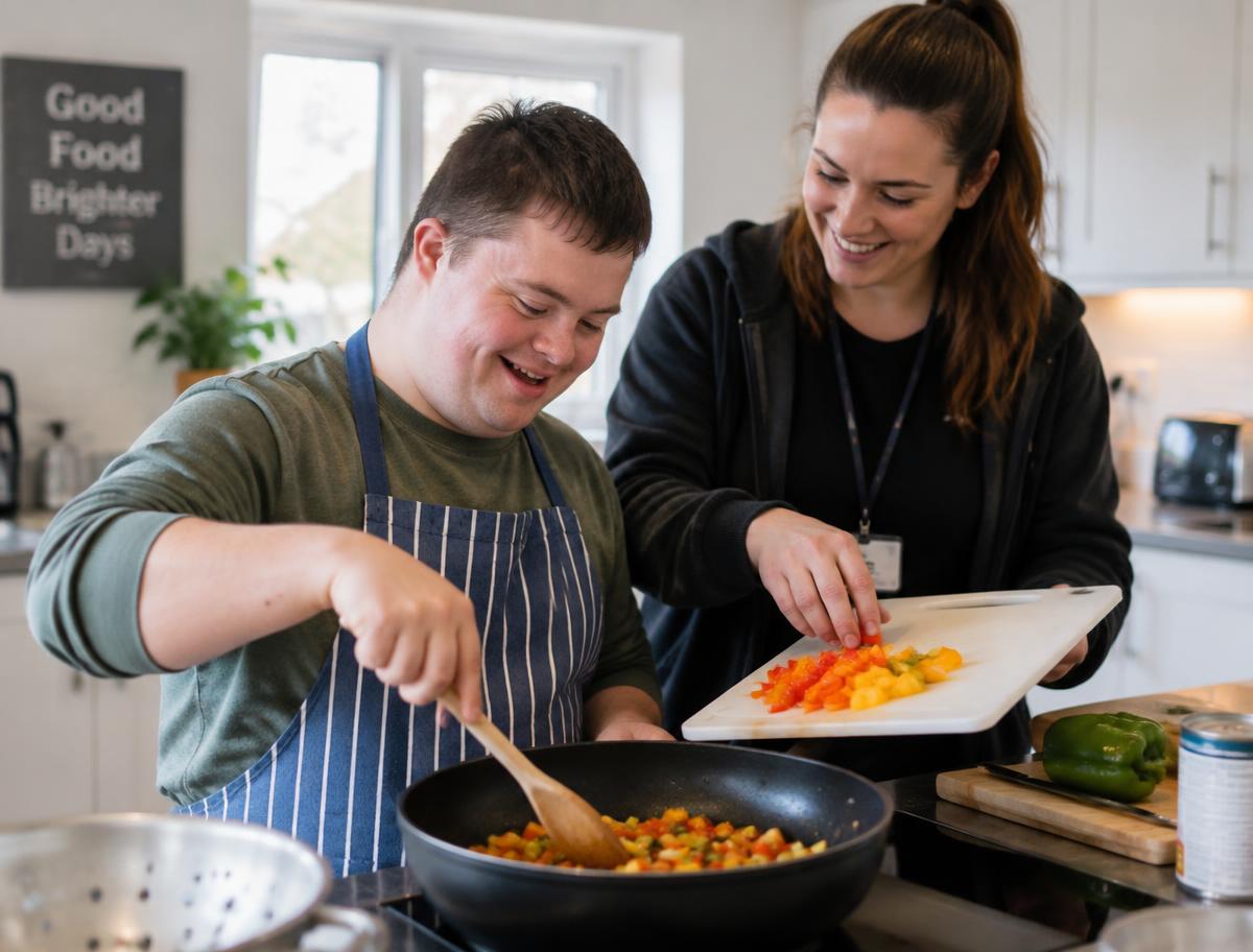 A support worker helping a young adult cook in a supported living kitchen